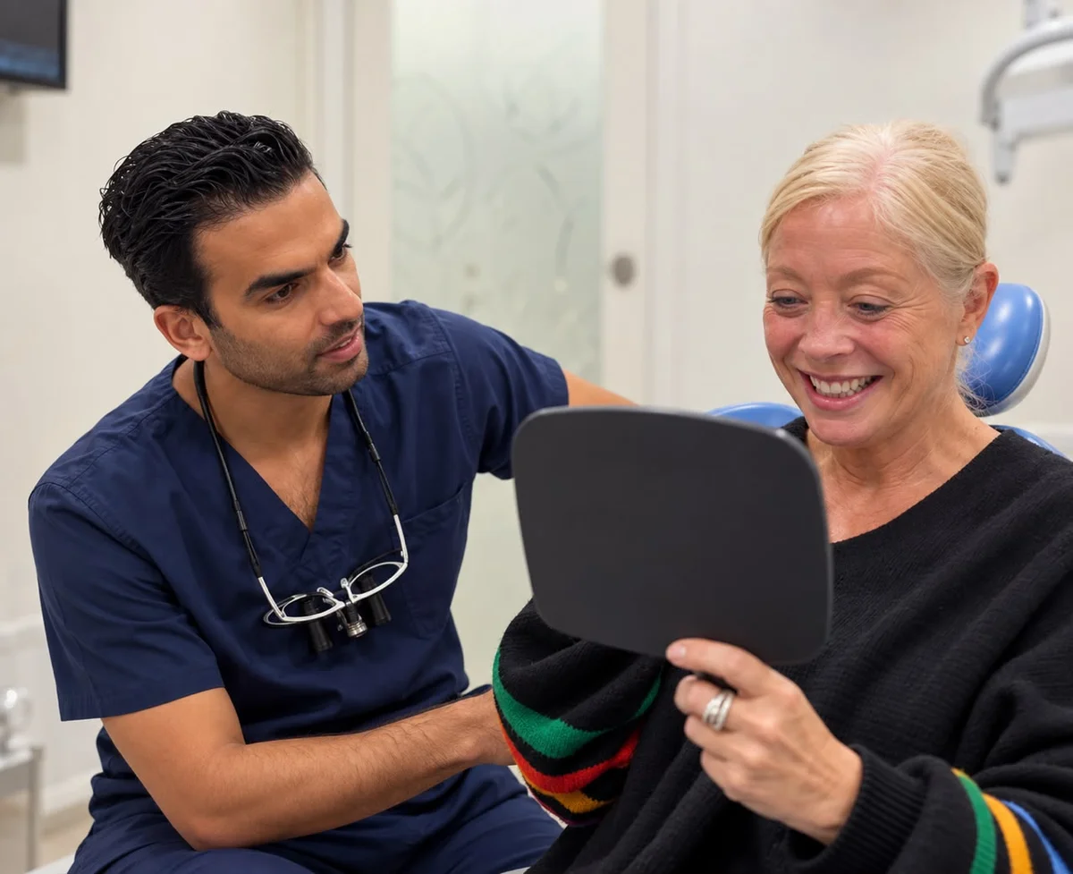 Dr Aryan beside a seated person holding a mirror in a dental setting