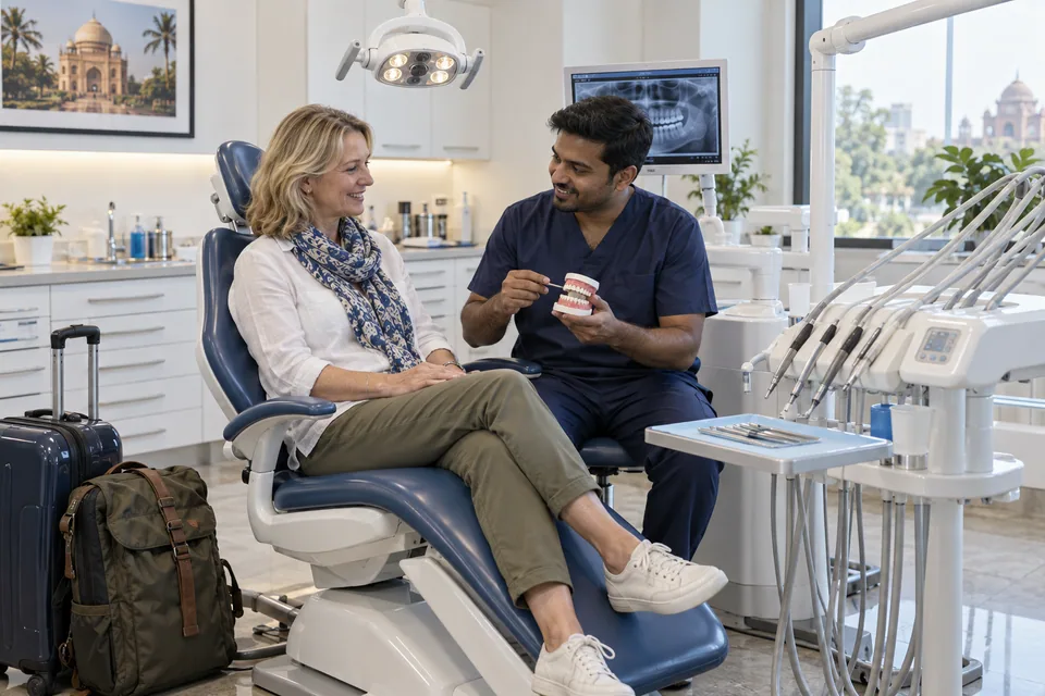 An international visitor consulting a dentist in a dental treatment room, with travel luggage beside the chair